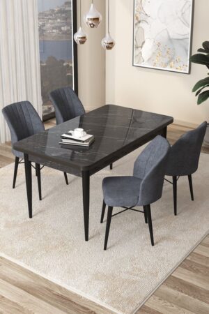 Dining Table & Chairs Set (5 Pieces) Arp - Black Marble
