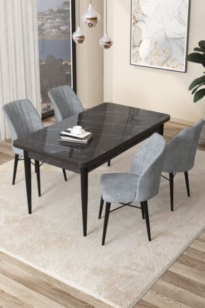 Dining Table & Chairs Set (5 Pieces) Arp - Black Marble