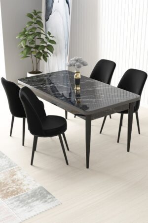 Dining Table & Chairs Set (5 Pieces) Nil - Black Marble