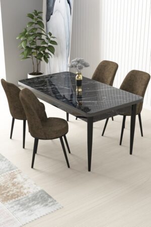 Dining Table & Chairs Set (5 Pieces) Nil - Black Marble