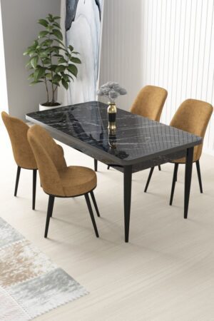 Dining Table & Chairs Set (5 Pieces) Nil - Black Marble
