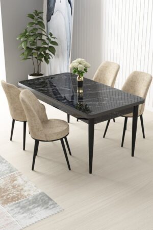Dining Table & Chairs Set (5 Pieces) Nil - Black Marble