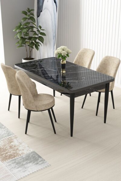 Dining Table & Chairs Set (5 Pieces) Nil - Black Marble