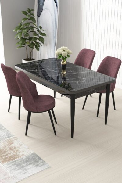 Dining Table & Chairs Set (5 Pieces) Nil - Black Marble
