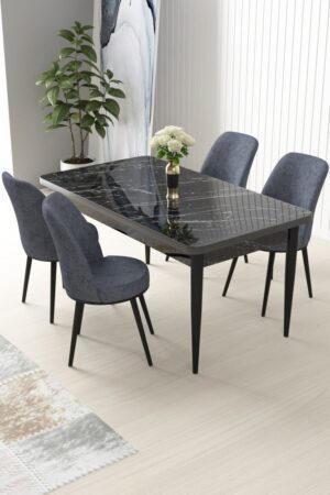 Dining Table & Chairs Set (5 Pieces) Nil - Black Marble