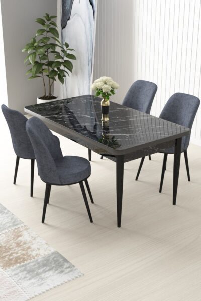 Dining Table & Chairs Set (5 Pieces) Nil - Black Marble