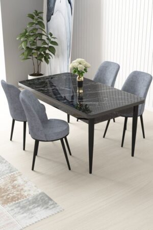 Dining Table & Chairs Set (5 Pieces) Nil - Black Marble