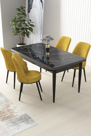 Dining Table & Chairs Set (5 Pieces) Nil - Black Marble