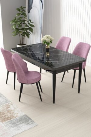 Dining Table & Chairs Set (5 Pieces) Nil - Black Marble