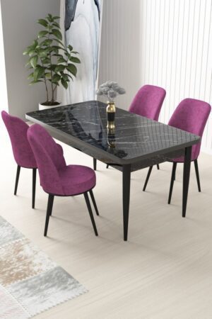 Dining Table & Chairs Set (5 Pieces) Nil - Black Marble