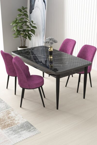 Dining Table & Chairs Set (5 Pieces) Nil - Black Marble