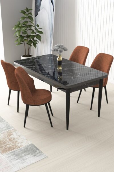 Dining Table & Chairs Set (5 Pieces) Nil - Black Marble