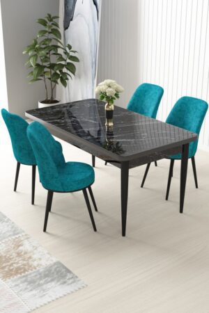Dining Table & Chairs Set (5 Pieces) Nil - Black Marble