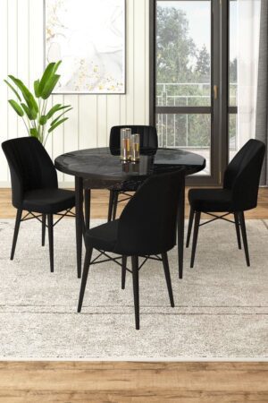 Dining Table & Chairs Set (5 Pieces) Rox - Black Marble