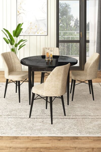 Dining Table & Chairs Set (5 Pieces) Rox - Black Marble