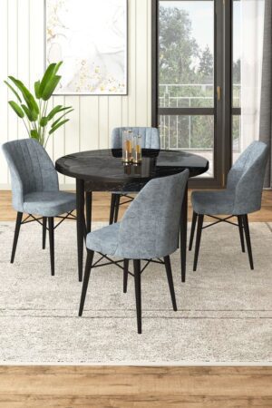 Dining Table & Chairs Set (5 Pieces) Rox - Black Marble