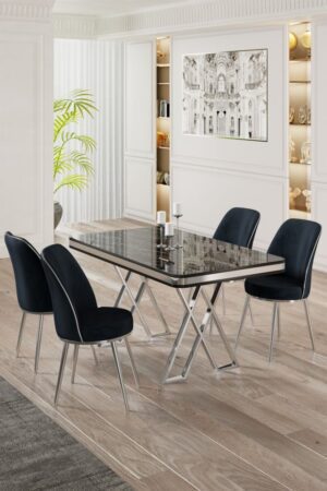 Dining Table & Chairs Set (5 Pieces) Vals - Black Marble