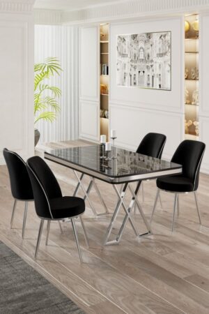 Dining Table & Chairs Set (5 Pieces) Vals - Black Marble
