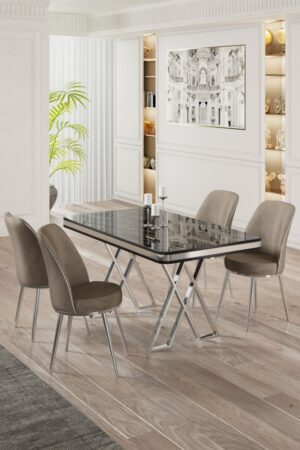 Dining Table & Chairs Set (5 Pieces) Vals - Black Marble