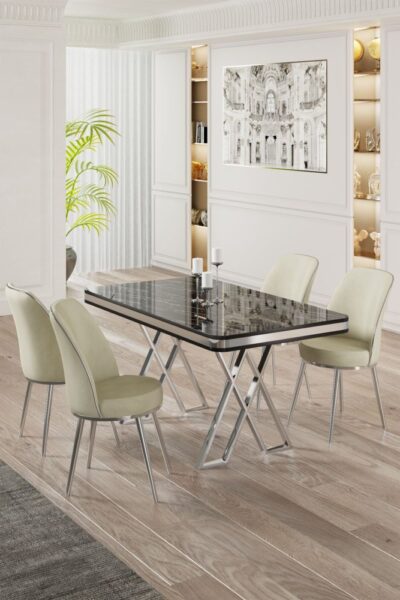 Dining Table & Chairs Set (5 Pieces) Vals - Black Marble