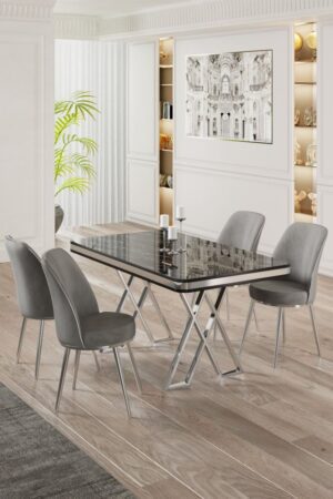 Dining Table & Chairs Set (5 Pieces) Vals - Black Marble