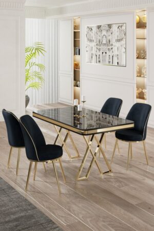Dining Table & Chairs Set (5 Pieces) Vals - Black Marble