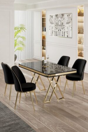 Dining Table & Chairs Set (5 Pieces) Vals - Black Marble