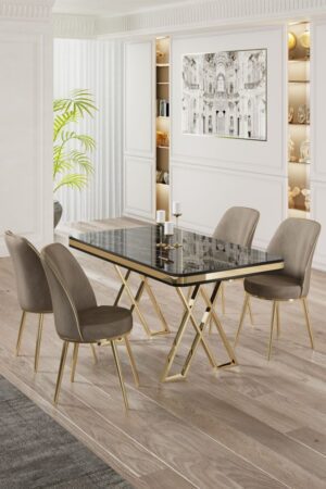 Dining Table & Chairs Set (5 Pieces) Vals - Black Marble