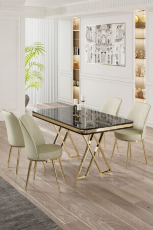 Dining Table & Chairs Set (5 Pieces) Vals - Black Marble