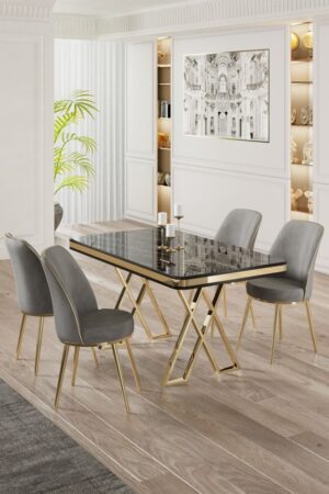 Dining Table & Chairs Set (5 Pieces) Vals - Black Marble