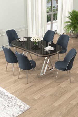 Dining Table & Chairs Set (7 Pieces) Lai - Black Marble