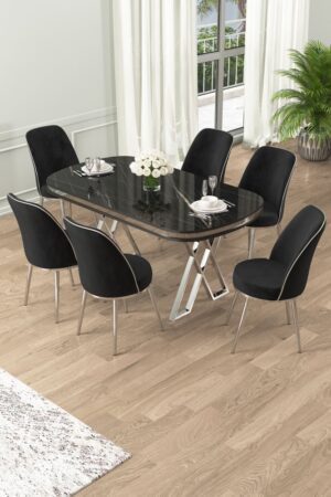 Dining Table & Chairs Set (7 Pieces) Lai - Black Marble