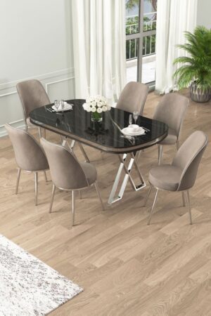 Dining Table & Chairs Set (7 Pieces) Lai - Black Marble