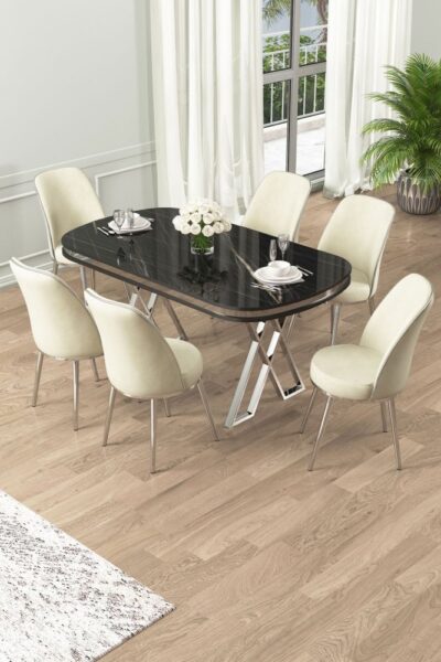Dining Table & Chairs Set (7 Pieces) Lai - Black Marble