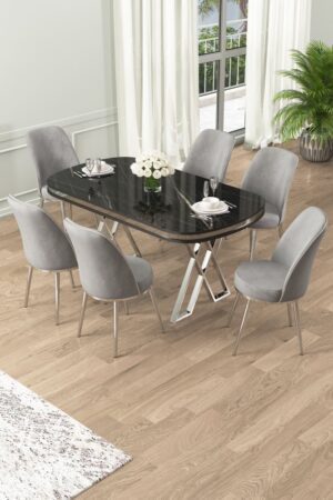 Dining Table & Chairs Set (7 Pieces) Lai - Black Marble