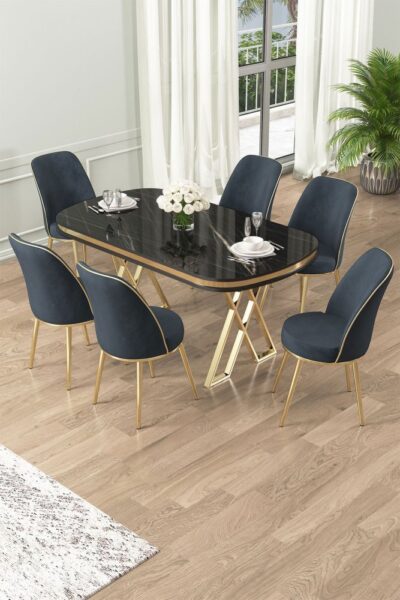 Dining Table & Chairs Set (7 Pieces) Lai - Black Marble