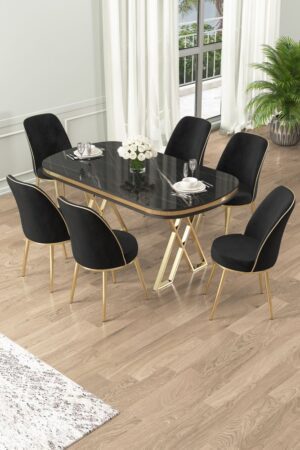 Dining Table & Chairs Set (7 Pieces) Lai - Black Marble