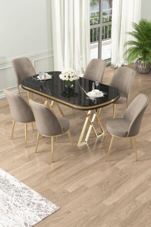 Dining Table & Chairs Set (7 Pieces) Lai - Black Marble