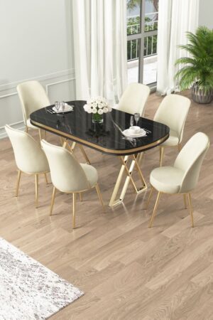 Dining Table & Chairs Set (7 Pieces) Lai - Black Marble