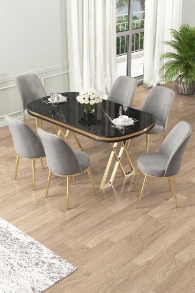 Dining Table & Chairs Set (7 Pieces) Lai - Black Marble
