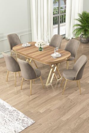 Dining Table & Chairs Set (7 Pieces) Lai - Light Walnut