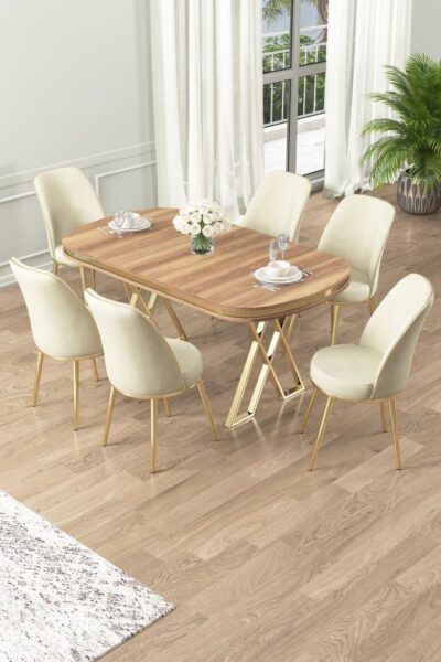 Dining Table & Chairs Set (7 Pieces) Lai - Light Walnut