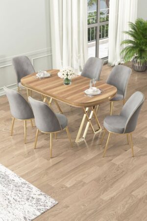 Dining Table & Chairs Set (7 Pieces) Lai - Light Walnut