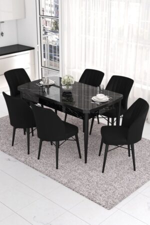 Extendable Dining Table & Chairs Set (7 Pieces) Eva - Black Marble