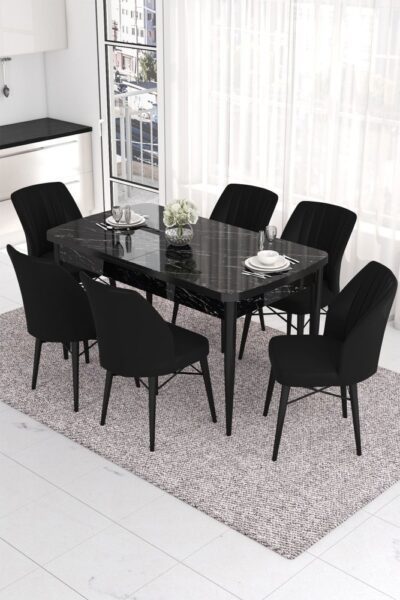 Extendable Dining Table & Chairs Set (7 Pieces) Eva - Black Marble