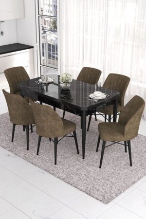 Extendable Dining Table & Chairs Set (7 Pieces) Eva - Black Marble