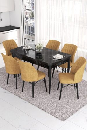 Extendable Dining Table & Chairs Set (7 Pieces) Eva - Black Marble