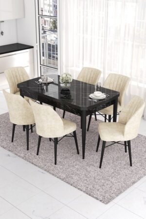 Extendable Dining Table & Chairs Set (7 Pieces) Eva - Black Marble