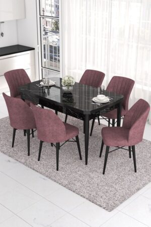 Extendable Dining Table & Chairs Set (7 Pieces) Eva - Black Marble