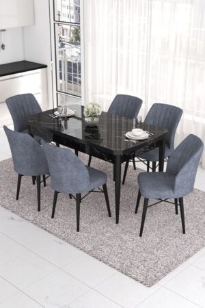 Extendable Dining Table & Chairs Set (7 Pieces) Eva - Black Marble